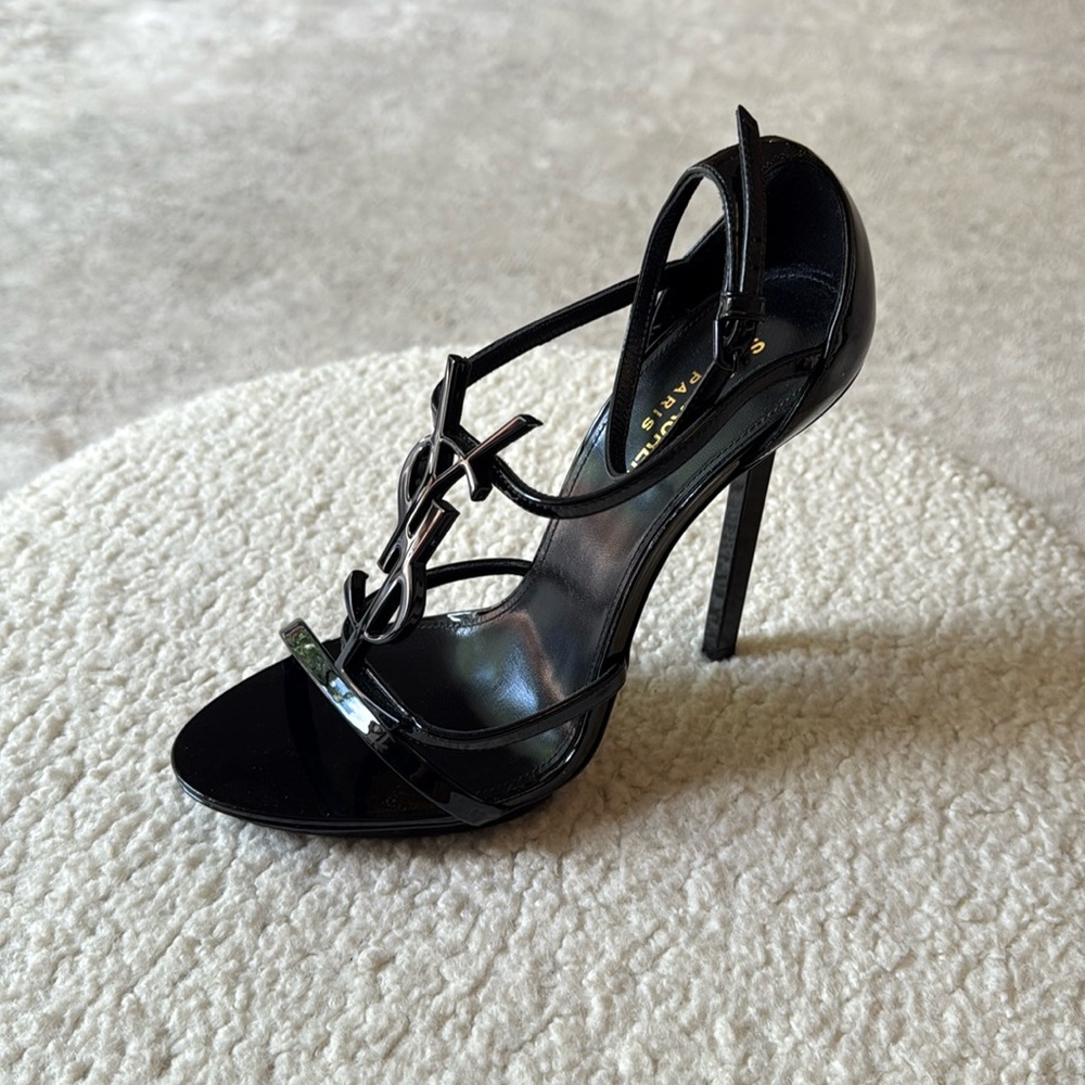 Saint Laurent Glossy Black Cassandra YSL Logo Sandal (Women) - Picture 1 of 8